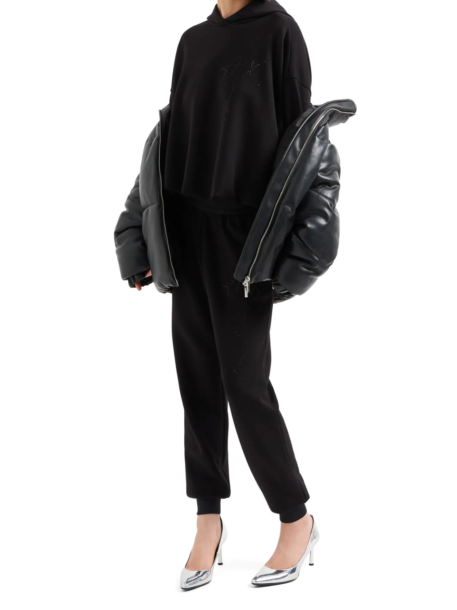 Pantalone logo strass nero