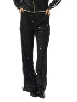Pantalone stile jogger con paillettes e fascia a contrasto nero
