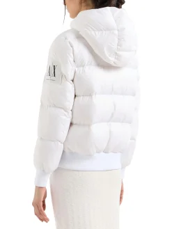 Piumino con cappuccio e patch logo bianco
