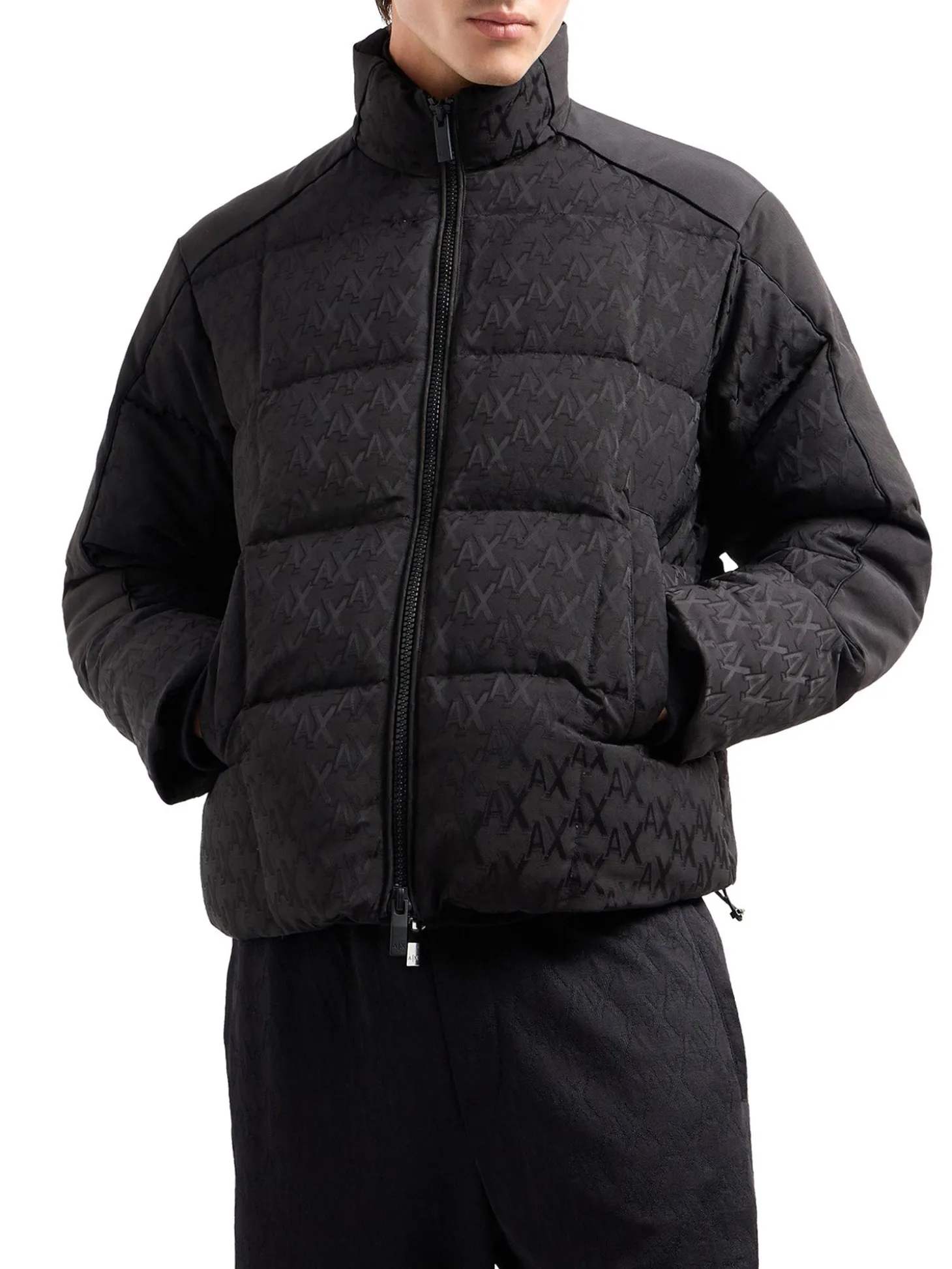 Piumino con zip con logo allover nero