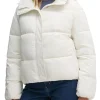 Piumino con zip e cappuccio short logo avorio