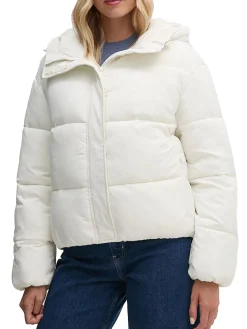 Piumino con zip e cappuccio short logo avorio