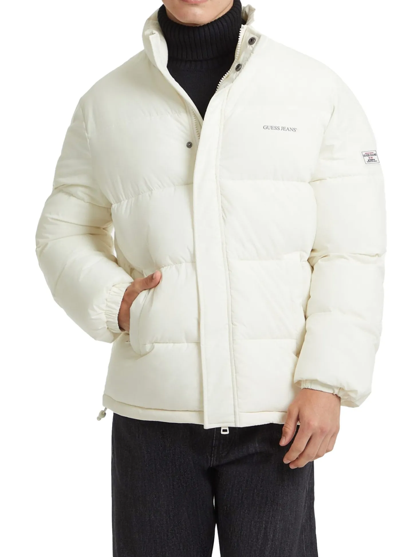 Piumino con zip logo ricamo sul petto panna