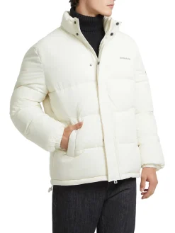 Piumino con zip logo ricamo sul petto panna