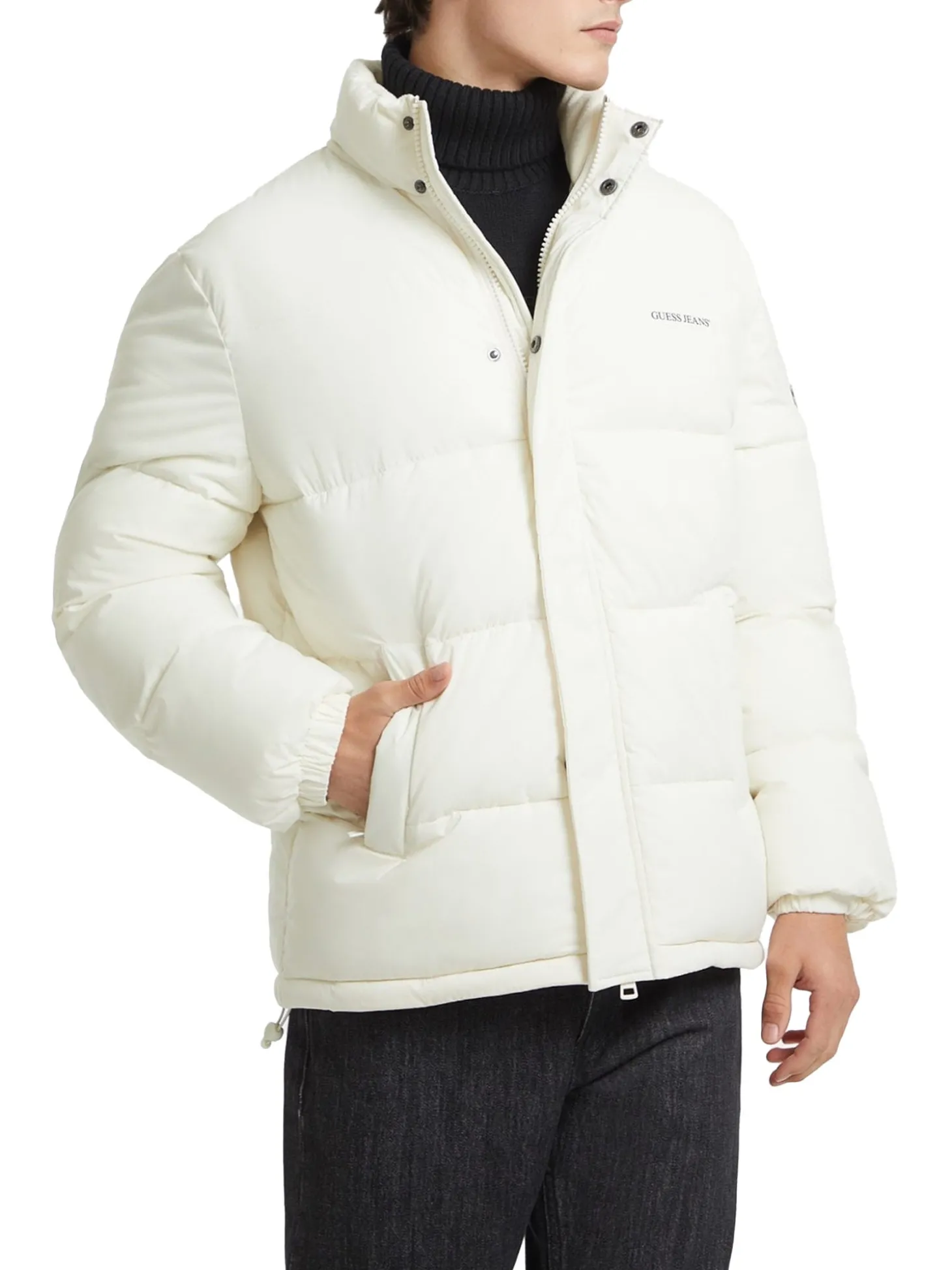 Piumino con zip logo ricamo sul petto panna