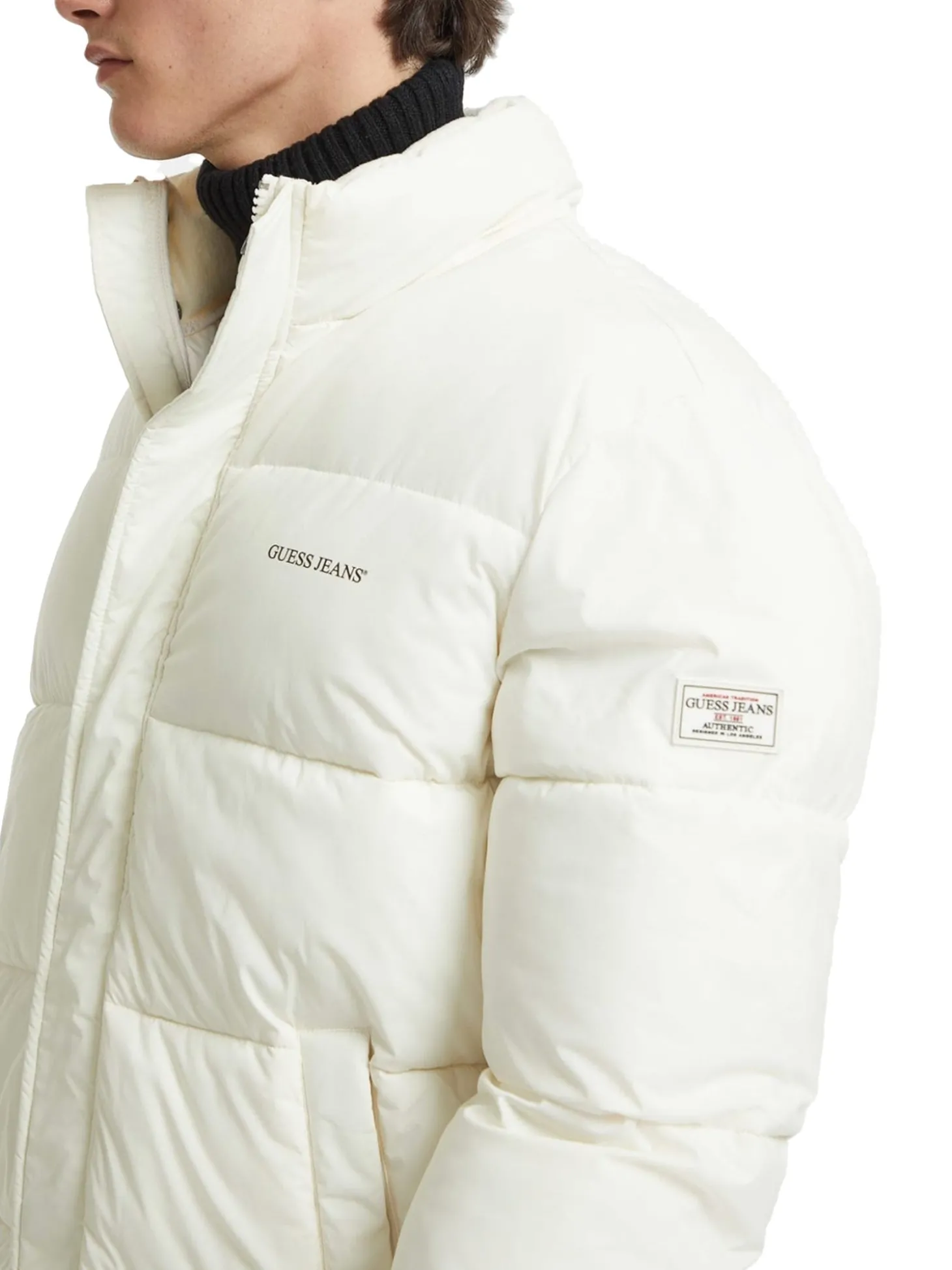 Piumino con zip logo ricamo sul petto panna