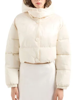 Piumino cropped con cappuccio mix lucido crinkle crema