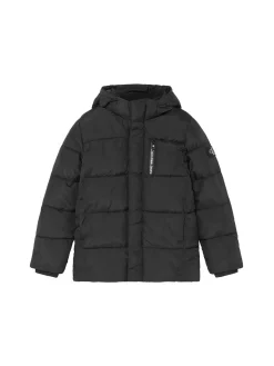 Piumino lungo kids con cappuccio e logo nero