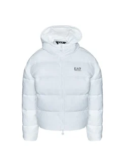 Piumino nylon con zip e cappuccio e logo sul petto bianco