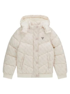 Piumino zip con cappuccio fantasia logo crema