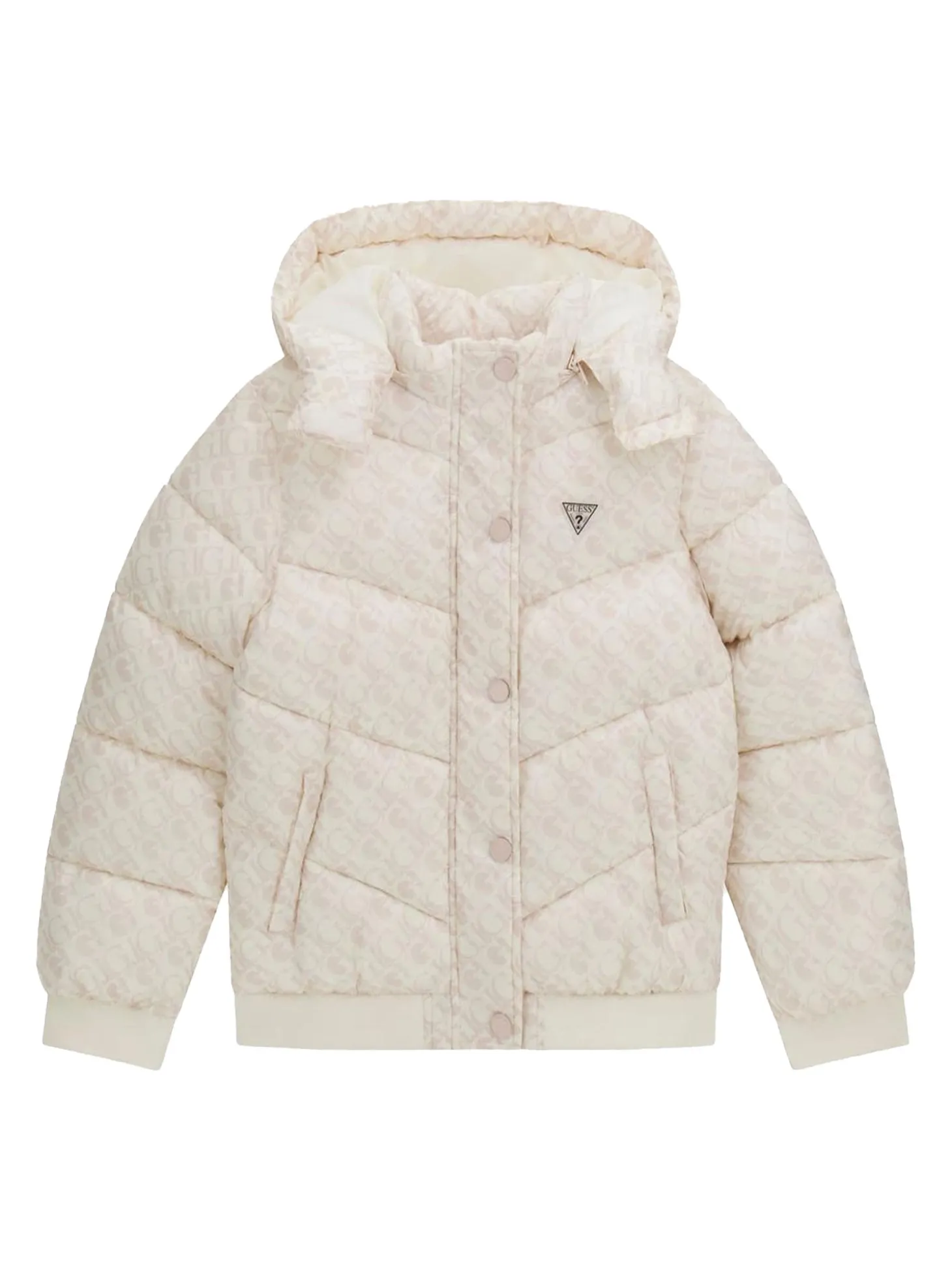 Piumino zip con cappuccio fantasia logo crema