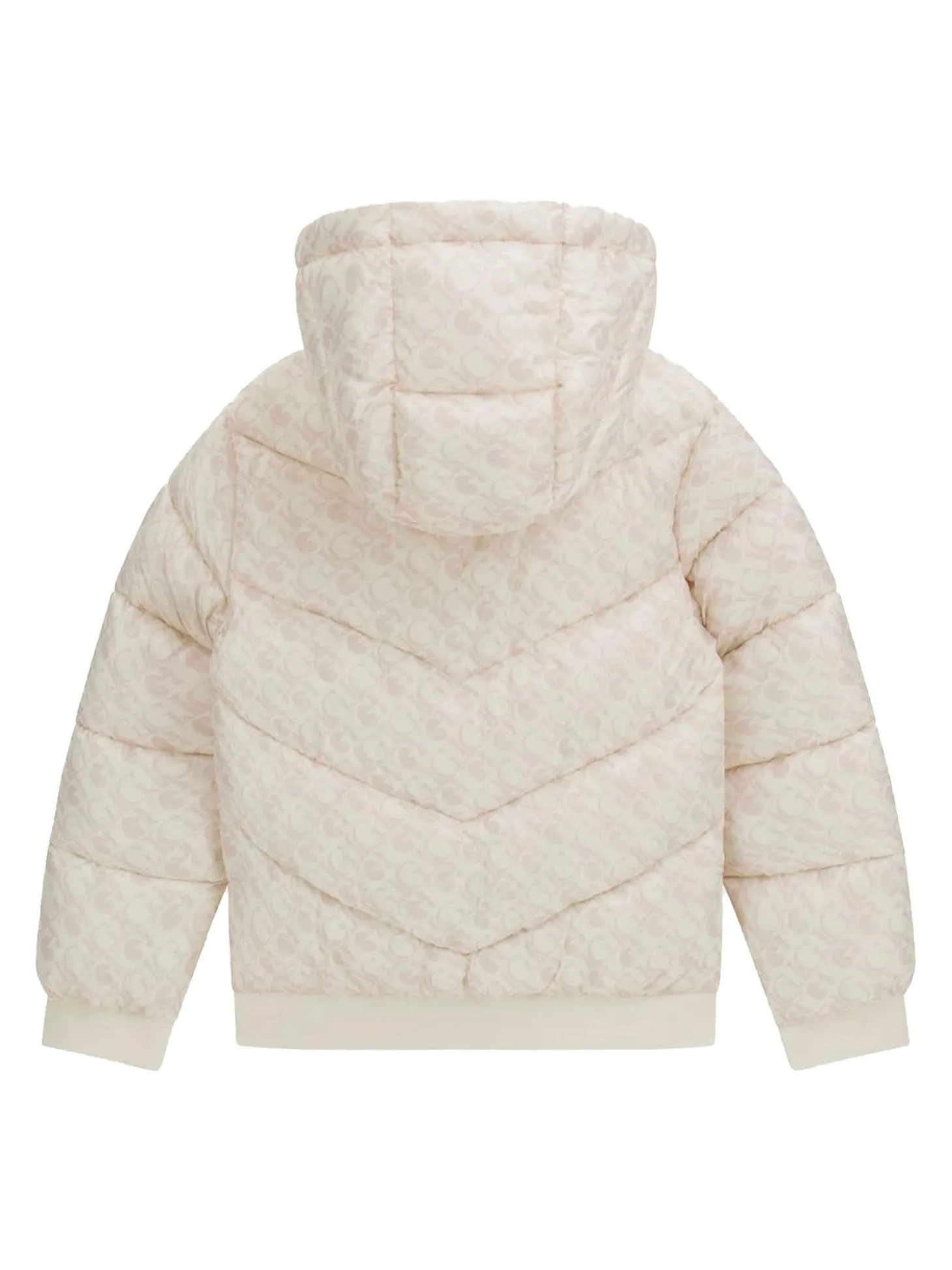 Piumino zip con cappuccio fantasia logo crema