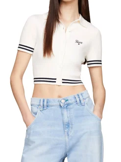 Polo crop Slim fit a coste con logo script ricamato crema