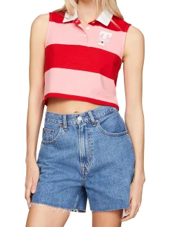 Polo crop smanicata con motivo a righe colorblock rosa multi