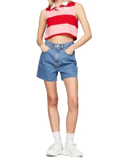 Polo crop smanicata con motivo a righe colorblock rosa multi