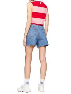 Polo crop smanicata con motivo a righe colorblock rosa multi