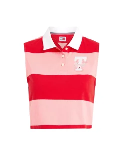 Polo crop smanicata con motivo a righe colorblock rosa multi
