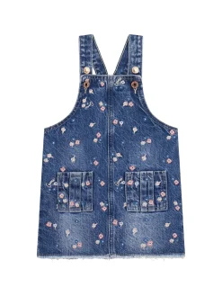 Salopette con ricamo fiori in denim medio