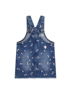 Salopette con ricamo fiori in denim medio