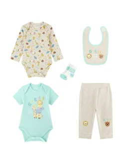 Set nascita (2 body, pantaloni, bavaglino e calze) azzurro/panna