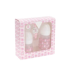 Set quattro pezzi (2 biberon, clip e ciuccio) rosa