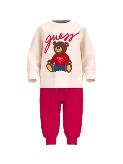 Set tuta felpa con patch teddy e jogger bianco/fucsia