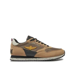 Sneakers ecopelle e mesh con aquila turrita e ricamo posteriore beige/