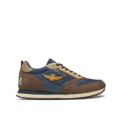 Sneakers ecopelle e mesh con aquila turrita e ricamo posteriore moro/b