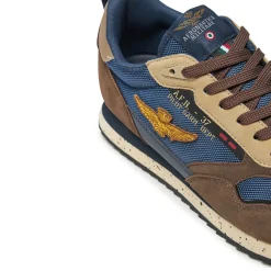 Sneakers ecopelle e mesh con aquila turrita e ricamo posteriore moro/b