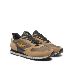 Sneakers ecopelle e mesh con aquila turrita e ricamo posteriore beige/
