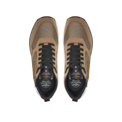 Sneakers ecopelle e mesh con aquila turrita e ricamo posteriore beige/