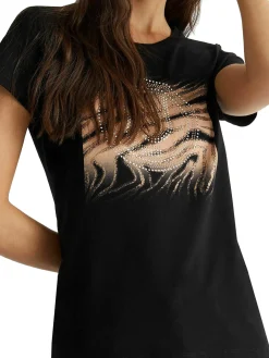 T- shirt manica corta con strass zebrato nero