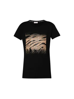 T- shirt manica corta con strass zebrato nero