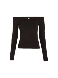 Top con spalle scoperte e distintivo nero
