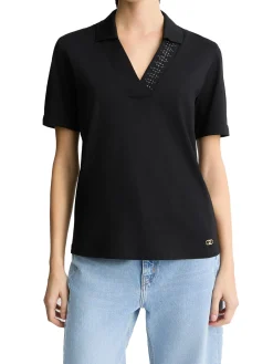 T-shirt con colletto a polo e strass nero