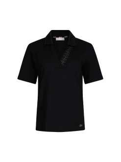T-shirt con colletto a polo e strass nero