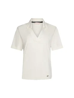 T-shirt con colletto a polo e strass bianco