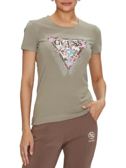 T-shirt con logo centrale fantasia floreale verde