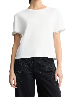 T-shirt con maniche con strass bianco