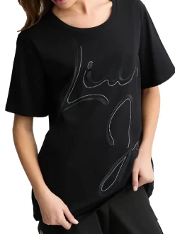 T-shirt con maxi logo in strass sul petto nero