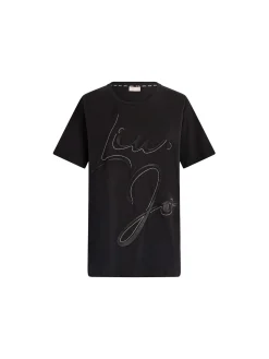 T-shirt con maxi logo in strass sul petto nero