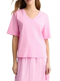T-shirt con scollo a v e logo con strass candy pop