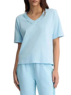 T-shirt con scollo a v e logo con strass celeste