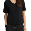 T-shirt con scollo a v e logo con strass nero