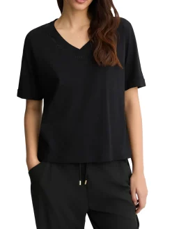 T-shirt con scollo a v e logo con strass nero