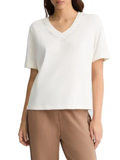 T-shirt con scollo a v e logo con strass bianco