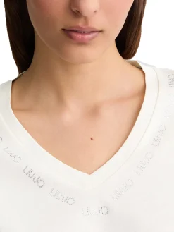 T-shirt con scollo a v e logo con strass bianco
