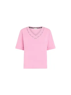 T-shirt con scollo a v e logo con strass candy pop