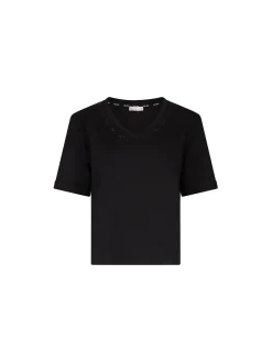 T-shirt con scollo a v e logo con strass nero