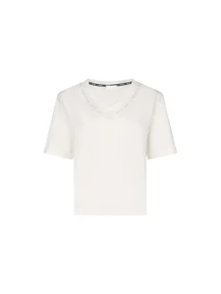 T-shirt con scollo a v e logo con strass bianco